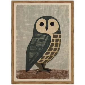 Japanese Owl Wall Art, Vintage Bird Wall Decor Painting Japan Mid Century Wildlife Animal Poster Canvas Prints Picture for Bedroom Living Room Farmhouse 16x24 inch Wood Framed