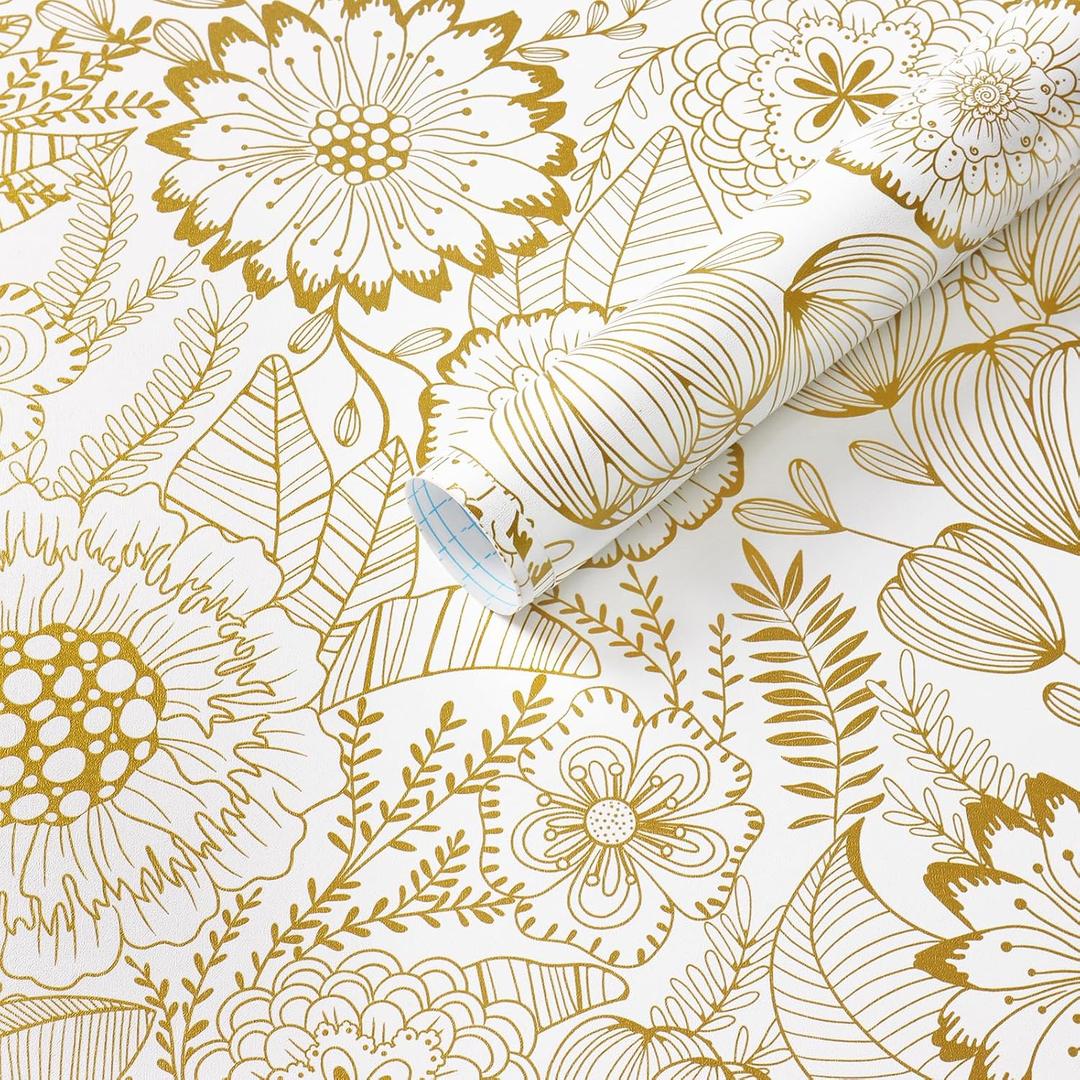 CiCiwind 197"17.3" Gold Floral Peel and Stick Wallpaper for Bedroom Bathroom Vintage Wall Paper White and Gold Contact Paper Removable Self Adhesive Eco-Friendly Wallpapers for Cabinets Vinyl Film
