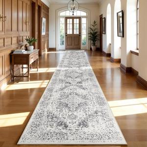 Hallway 3x20 Runner Rug - Non-Slip Vintage Long Rug for Entryway Low-Pile Washable Medallion Runner Rugs for Hallway Waterproof Traditional Runner Rug Indoor Thin Rug for Kitchen (Grey)