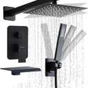 12 Inch Matte Black Shower System with Tub Spout, Shower Faucet Set with Rain Shower Head and Handheld 3-Setting, Waterfall Bathtub Spout Rainfall Shower Combo Set for Bathroom Wall Mounted