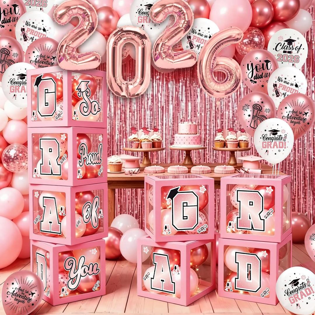 Pink Graduation Decorations 2026: 2026 Graduation Decorations Rose Gold Graduation Balloon Boxes with 2026 Balloons LED String Light Graduation Party Decorations