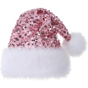 Personalized Sequin Santa Hat for Adults, Red Glitter Christmas Party Hat, Xmas Halloween New Year Holiday Headwear (Light Pink)