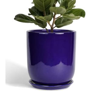 10 Inch Plant Pot - Ceramic Pot for Indoor Plants Large Planter Modern Outdoor Flower Pot with Drainage Hole and Saucer for Home Patio Decor Blue