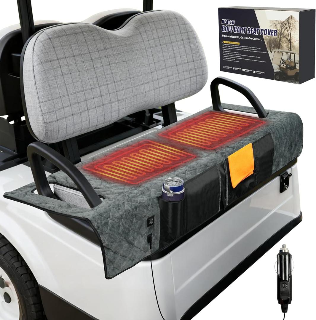 PUTTLAZR Golf Cart Seat Cover with 12V Car Plug, 50"  31", Non-Slip Winter Golf Cart Seat Towel Blanket with 2 Front Pockets, Fits for EZGO, Yamaha, Club Car and More 2 Person Seats Golf Carts