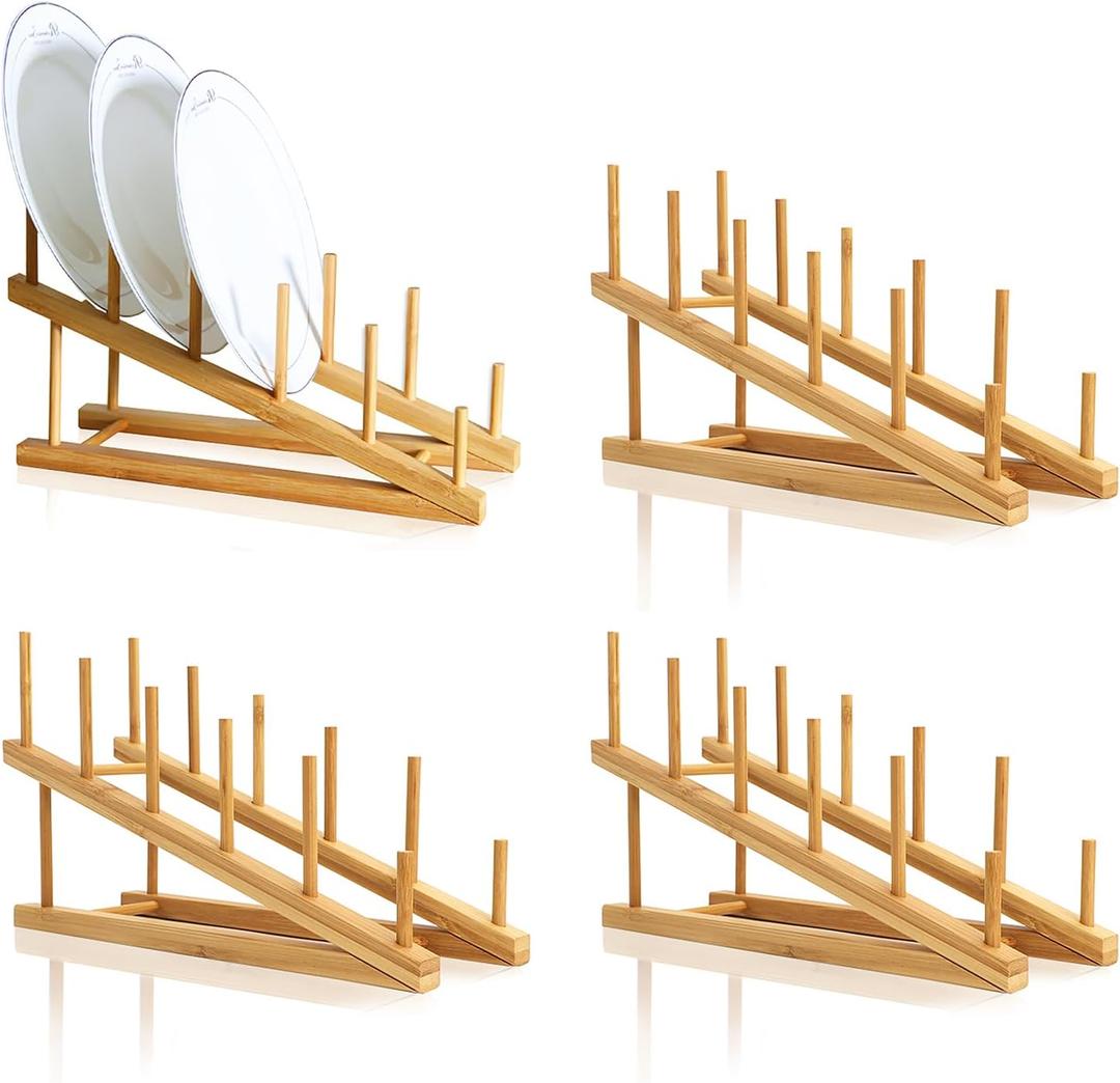 4 Pcs Wooden Dish Drying Rack, Bamboo Plate Dish Rack Stand for Kitchen Cabinet, Cabinet Cutting Board Display Stand for Dishes Plate Bowl Water Bottles Cup Pot Lid Cutting Board