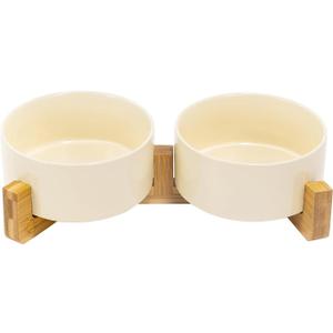 SPUNKYJUNKY Ceramic Dog and Cat Bowl Set with Wooden Stand, Modern Cute Weighted Food Water Set for Small Size Dogs (13.5OZ) (3.6 Cups, 2 Beige)