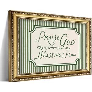 Vintage Gold Framed Christian Wall Art, Praise God From Whom All Blessings Flow Bible Verse Canvas Prints, Sage Green Scripture Painting Religious Wall Decor for Living Room Bedroom 16x24 Inch