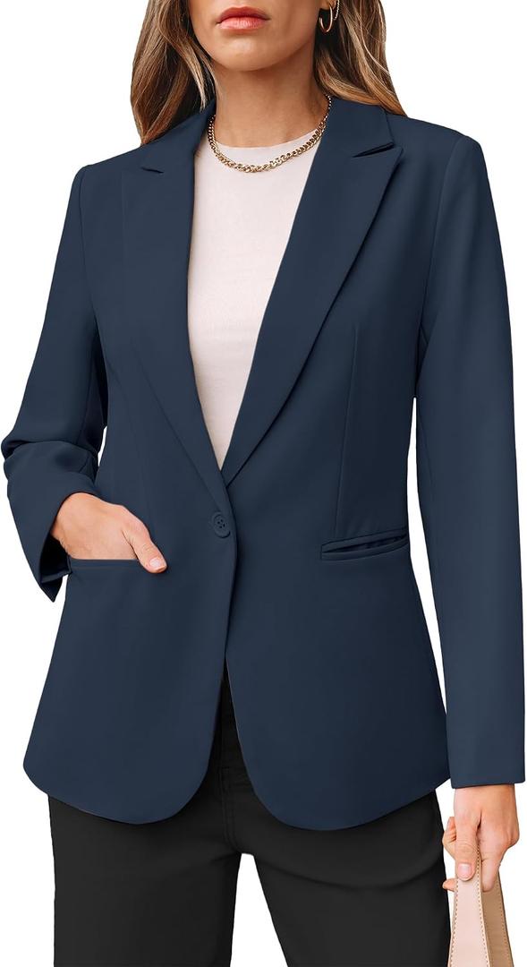 luvamia Dressy Blazers for Women Button Long Sleeve Lapel Business Casual Outfits Office Work Suit Blazer with Pockets (Blue, L)