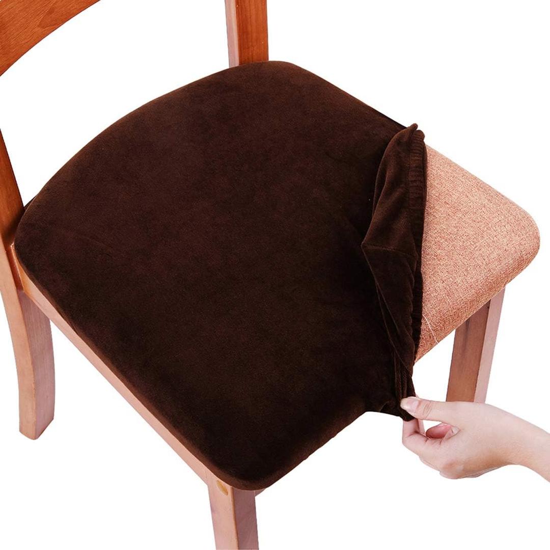 miry Original Velvet Dining Chair Seat Covers, Stretch Fitted Dining Room Upholstered Chair Seat Cushion Cover, Removable Washable Furniture Protector Slipcovers with Ties - Set of 4, Coffee