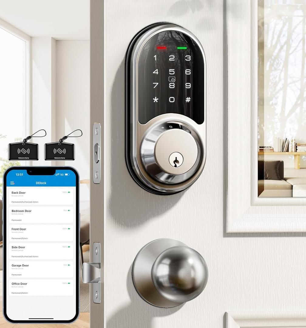 Veise RZ06C Smart Locks for Front Door, 2 Knob Handle Set, Keyless Entry Deadbolt, App Control, Electronic Touchscreen Digital Keypad, Auto Lock, Easy Installation, IP54 Waterproof, Satin Nickel