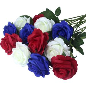 Artificial Roses Flowers, 12 Pcs Red White Blue Patriotic Long Stem Realistic Silk Roses Bouquet for 4th of July, Memorial Day Decoration (Red, White, Blue, 12-PCS)