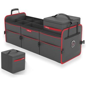 LIBZAKI Car Trunk Organizer,3 Compartments Big Trunk Storage, Large Capacity, Foldable, 95L Heavy Duty Storage Box for Car, SUV, Truck,Jeep, Includes 26L Cooler Bag-Black (Oversize With Built-in Cooler Bag)