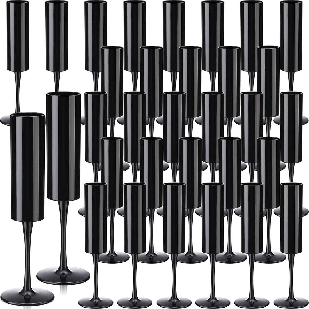Domensi 30 Pcs Champagne Flutes Bulk Acrylic Goblet 6 oz High Stem Wine Glasses Champagne Cup Unbreakable Reusable for Christmas Halloween Valentine Birthday Wedding Party Decorations (Black), about 2.05 x 8.66 inches