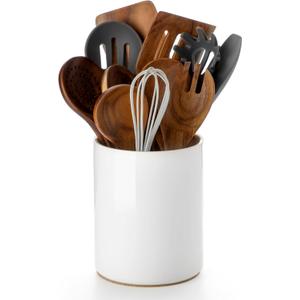 Nucookery Utensil Holder, 6.4" Ceramic Kitchen Utensil Holder with Countertop-Protection Cork Bottom, Farmhouse Kitchen Decor for Counter, Gift (White)
