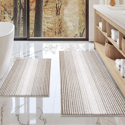 BSICPRO Bathroom Rugs and Mats Sets, 4 Piece Thick Absorbent Chenille Non Slip, Soft Shaggy Floor Mats, Machine Washable (Light Taupe, 20" x 47" Plus 16" x 24")