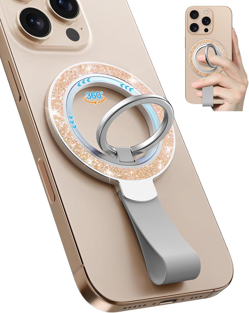 Toycamp Phone Grip Ring Holder Stand Compatible with MagSafe - Magnetic Phone Accessories Grip for iPhone 16 Pro Max/16 Pro/16/15/14/13/12 Series Sparkly Removable Rotatable Cute for Women, Gold