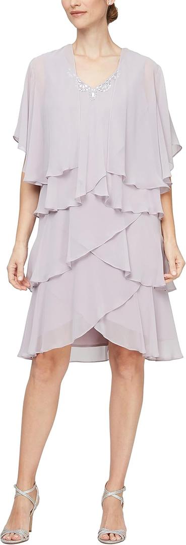 S.L. Fashions Women's Chiffon Tier Jacket Dress with Beaded Neck and Cuffs (Pinkm 14)