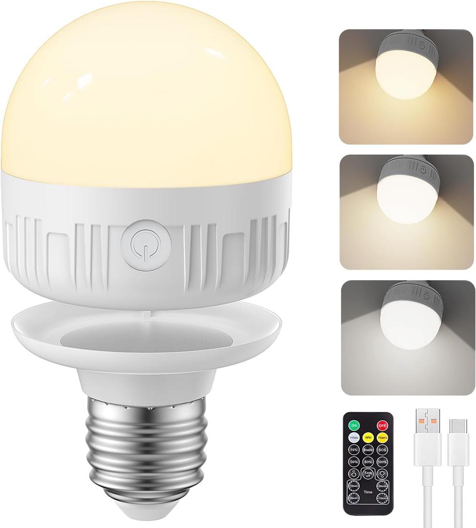 SCOPOW 1PC Rechargeable Light Bulbs with Remote Control Timer and 3 Color Temperature Rechargeable Battery Operated Light Bulb (5W+E26+3Colors+1PC)