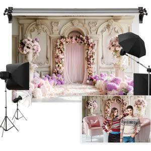 12x8ft Wedding Backdrops for Reception Spring Purple Flowers Pink Rose Banner Vintage European Carving Wall Background for Bridal Shower Birthday Valentines Mothers Day Princess Portraits