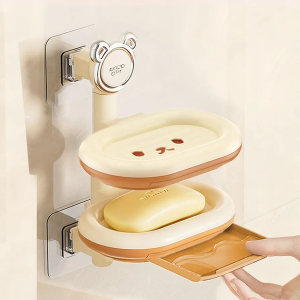 Funecy Cute Soap Holder Dish Double-Layer, Wall-Mounted NO-Drilling soap Rack with draining Rack, Movable soap Rack Suitable for Bathroom and washbasinl (Beige, 2-Tier)