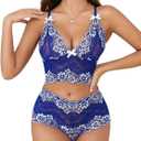 Lilosy Sexy Lace Pajamas Lingerie Set High Waist Sheer Sleepwear Bow Ties Cami Shorts Bra and Panty (Royal Blue, Extra Large)