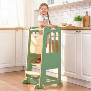 WINGYZ Toddler Tower - Anti-Tip Natural Wood Learning Stool Helper for Kids 18M-6Y, 150lb Capacity Kitchen Stool with 3-Height Adjustable Platform and Sliding Door Access, 20lb Portable Design, Green