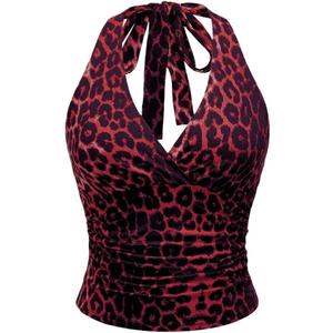 Women Sexy Leopard Print Tie Back Halter Crop Top Y2K Grunge Sleeveless Plunge V Neck Backless Ruched Cami Shirts M