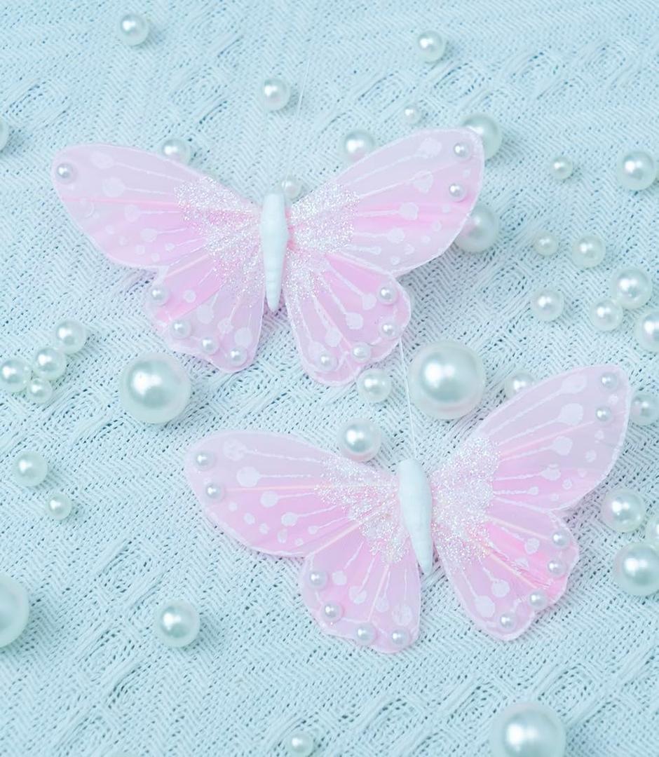 3D Pink Butterfly Wall Decor: Set of 6 Real Feather Butterflies Wall Stickers with Pearls for Girls Bedroom Baby Shower Wedding Cake Office Decor Butterfly Wall Decals for Bathroom Boho Living Room