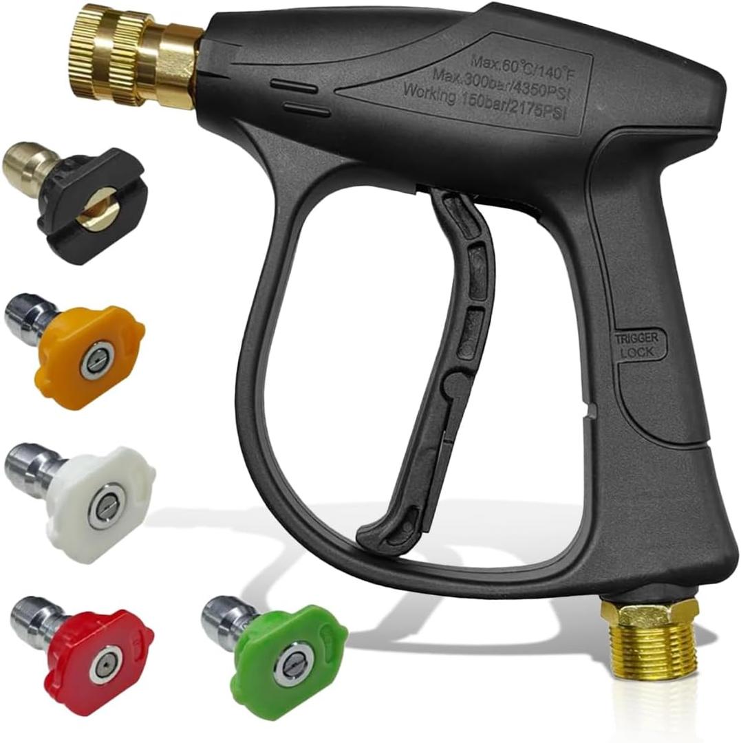 High-Pressure Car Washer Gun 4350 PSI Max, Power Washer Short Gun with 1/4" Outlet Quick Connect & 5 Nozzles, M22-14 Thread Auto Cleaning Sprayer Gun Tool for Car Washing (Washer Gun/Nozzle)