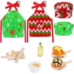 DIYASY Christmas Mini Elf Outfit Accessories, Elf Baker Clothes Kit Xmas Doll Props Set Apron Hats Rolling Pin Egg Cookie Tray Mixing Bowl Xmas DIY Craft Gift for Kids