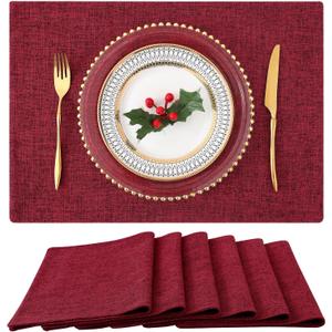 homing Cotton Linen Placemats Set of 6, Cloth Washable Farmhouse Dining Table Mats for Indoors & Outdoors, Easy to Clean, Red, 13 x 19 Inch