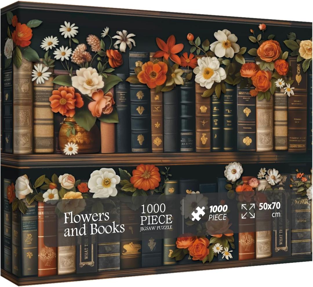 Vintage Books Flower Puzzles for Adults 1000 Pieces, Beautiful Bookshelf Floral Jigsaw Puzzles, Art Challenging Plant Wildflower Puzzle