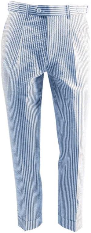 Men Summer Seersucker Slim Fit Pants for Beach Wedding (Blue, 36Wx32L)