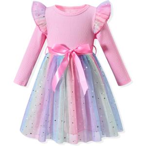 5T Girls Clothes Toddler Girl Tulle Dress Fall Long Sleeve Dresses Winter Spring Clothing 5-6T Light Pink