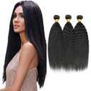 #1B Natural Black Bundles Human Hair Yaki Straight Bundles Human Hair 12 14 16 Inch SeeGovie Unprocessed Brazilian Virgin Hair Natural Color Kinky Straight Bundle Human Hair Extensions 150 Gram