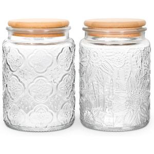 BEWAVE Vintage Glass Jar, 24oz Food Storage Containers Clear Mason Jars With Airtight Lid for Kitchen Counter,Coffee, Tea, Sugar, Candy, 2 Pack