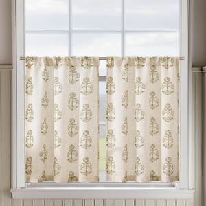 jinchan Linen Kitchen Curtains 24 Inch Floral Tier Curtains Farmhouse Cottage Core Flax Cafe Rod Pocket Country Small Window Drapes for Laundry Room Bathroom RV 2 Panels Sage Green on Beige