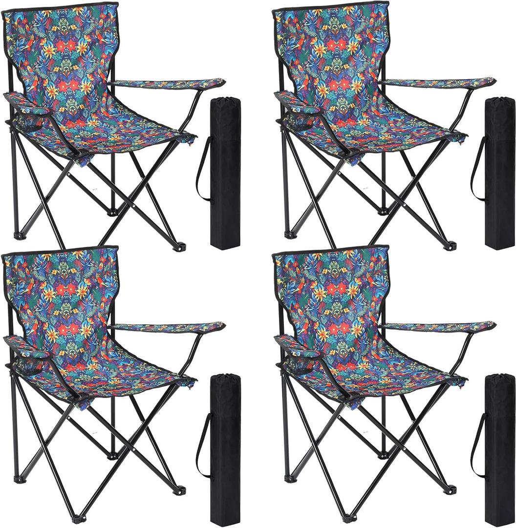 4 Pcs Floral Folding Chairs for Outside, Camping Chairs Set, Portable Lawn Chair with Armrests & Carry Bags, Outdoor Travel Lightweight Folding Chair for Picnic & Beach(Floral Jungle), 19.7 x 19.7 x 31.5 inches