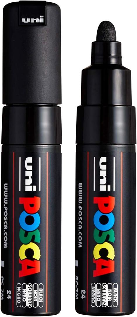posca uni PC-7M Water-Based Paint Markers, Broad Tip (4.5-5.5mm), Black, 2 Count