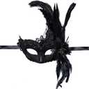 Feather Masquerade Mask Feather Venetian Mask for Women Cosplay Party Halloween Mardi Gras Christmas Masque (Black)