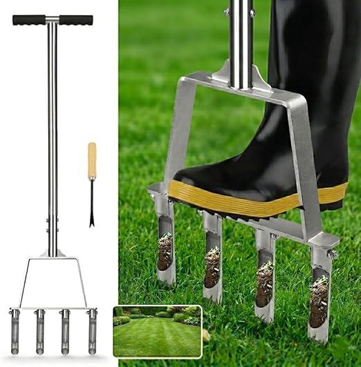 Stainless Steel Lawn Aerator, Manual Aerator for Lawn with 4 Hollow Tines, Hand Scarifier with Anti-Clogging Design & Cleaning Tool, Floor Aerator for Lawn Care & Healthy Soil