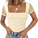 Chunpin Women's Bodysuits Square Neck Long Sleeve Bodysuits Mesh Ruched Thong Body Suit Outfits Going Out Tops S