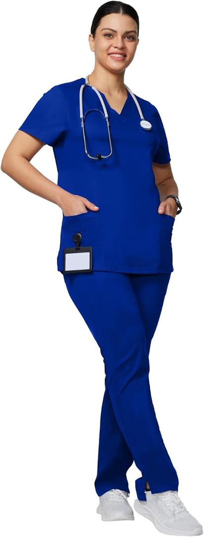 Uniforms World Alyssa Scrubs Set for Women  Classic fit Top & Straight Pants, Elastic Waistband, 7 Pockets, Anti-Wrinkle (Small, Royal Blue)
