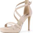 IDIFU IN4 Platform High Heels for Women Strappy Heeled Sandals Square Toe Heels Stiletto Heels Women's Wedding Party Bridal Sexy Dress Shoes Open Toe Heels (12, Nude Nubuck)