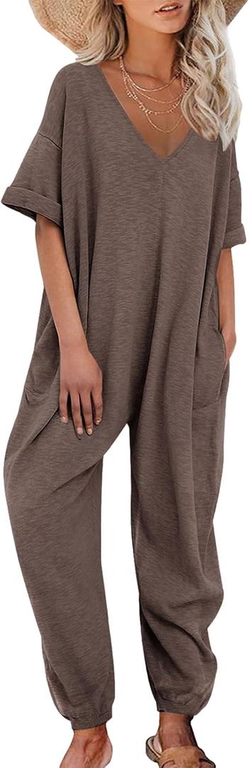 Nirovien Women's Solid Color V Neck Jumpsuits Casual Half Sleeve Long Rompers Beam Foot Baggy Overalls (XX-Large, Solid-brown)