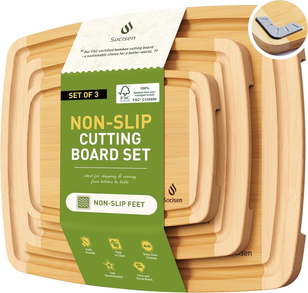Bamboo Cutting Board Set Non Slip Feet Over Sink Tablas Para Picar Cocina Tabua Madeira Corte Carne Bambu Alimentos Cortar Madera Juego Regalos Cumpleaos Navidad Mujer Mama Abuela Hombre Papa (3-Piece, Two-Tone Bamboo)