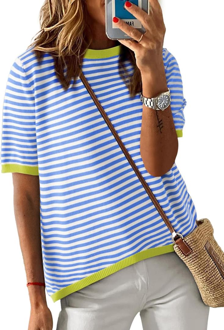 Dokotoo Womens Tops Casual Summer Crewneck Short Sleeve Striped Color Block Knit High Low Trendy Pullover Sweaters (Small, A Sky Blue)