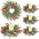 4 Pack Flocked Mini Christmas Wreath Candle Rings  9"x3.5" Snowy Cypress Wreaths with 20 Branches 21 Red Berries & 3 Pinecones, Small Xmas Candle Wreath Decor for Cabinet Table Centerpiece Holiday