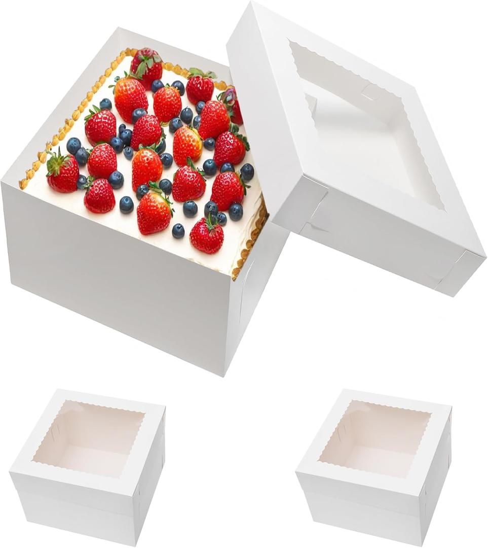 Wowxyz Cake Boxes 10x10x8 Inches 6 Pack Bakery Boxes with window for Tier Cakes 10 Inch Layer Tall Baking Carrier White Cardboard Bakery Take Out Transport Containers for Wedding, Birthday, Party