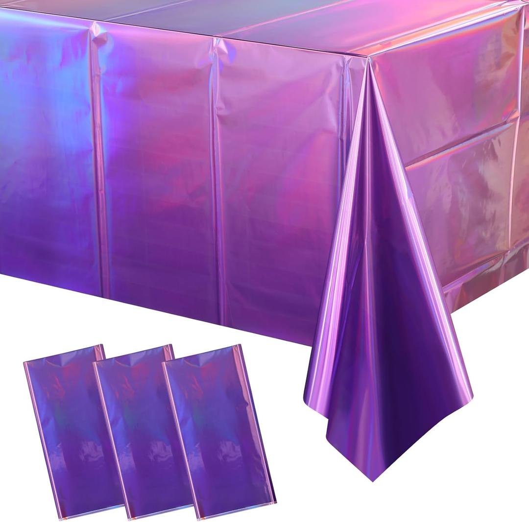 3 Pack Ombre Iridescent Pink and Purple Plastic Tablecloths, Shiny Disposable Laser Rectangle Table Covers Holographic Foil Tablecloth Iridescent Party Decoration Birthday Bridal Wedding, 54x108 Inch